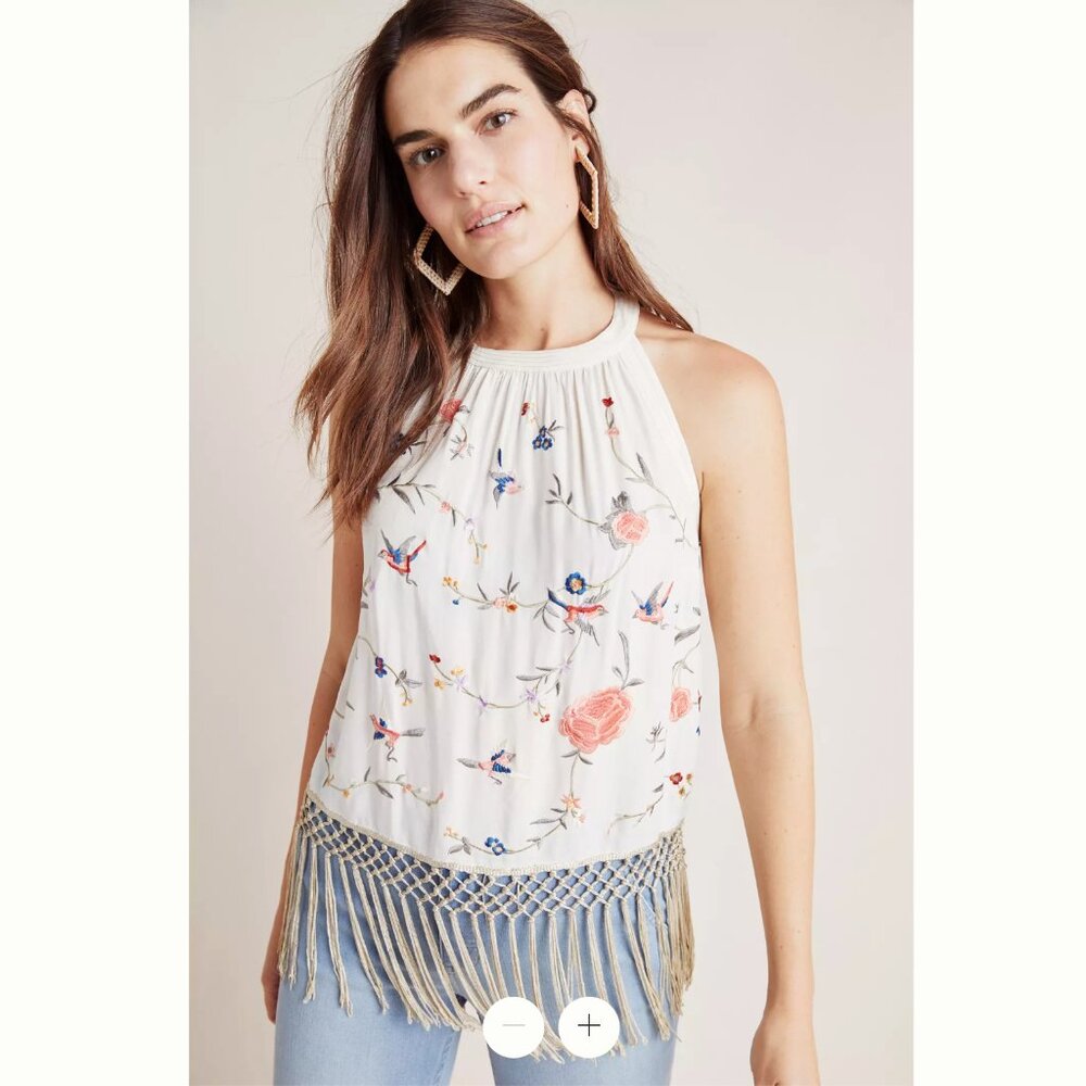 NWT Anthropologie Gatsby Fringe Embroidered Floral Bird Sleeveless Top Size 10